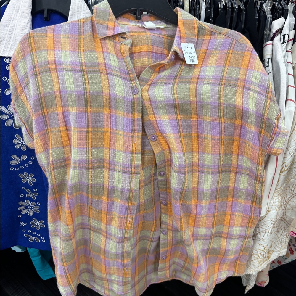 Zara Plaid Button-Up Shirt in Orange, Purple, Cream